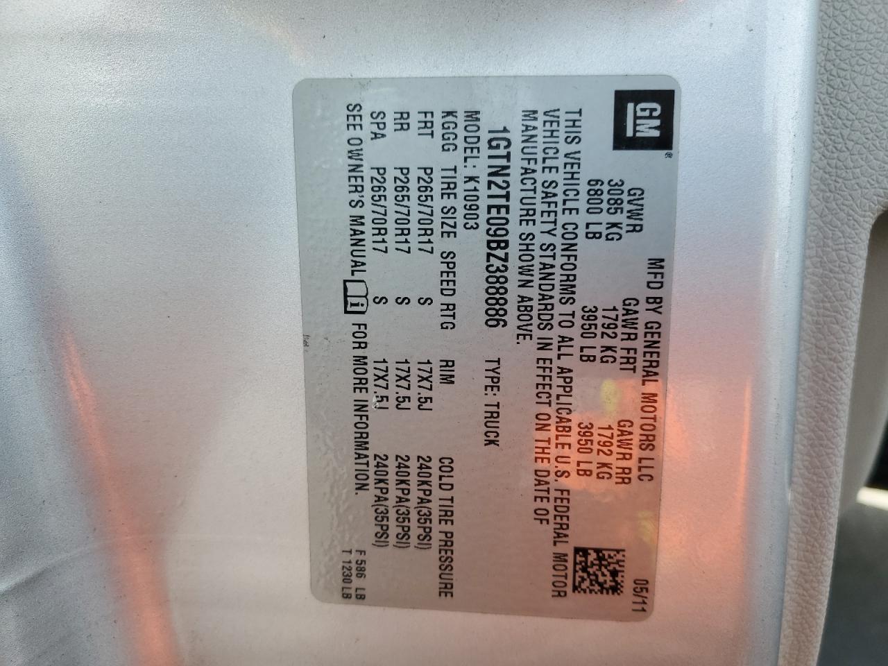 2011 GMC Sierra K1500 VIN: 1GTN2TE09BZ388886 Lot: 85558295