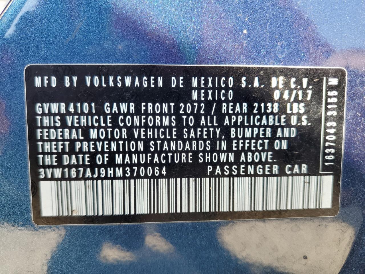 2017 Volkswagen Jetta S VIN: 3VW167AJ9HM370064 Lot: 84963145