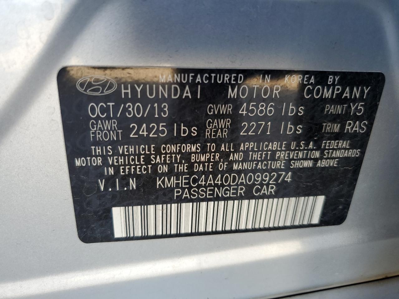 2013 Hyundai Sonata Hybrid VIN: KMHEC4A40DA099274 Lot: 85127885