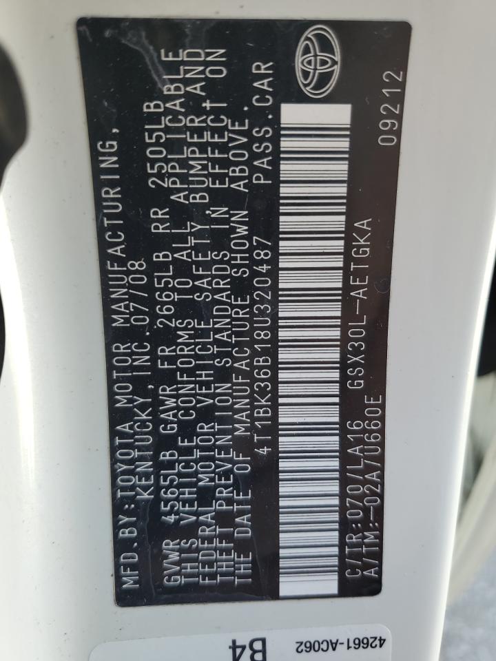 2008 Toyota Avalon Xl VIN: 4T1BK36B18U320487 Lot: 89891975