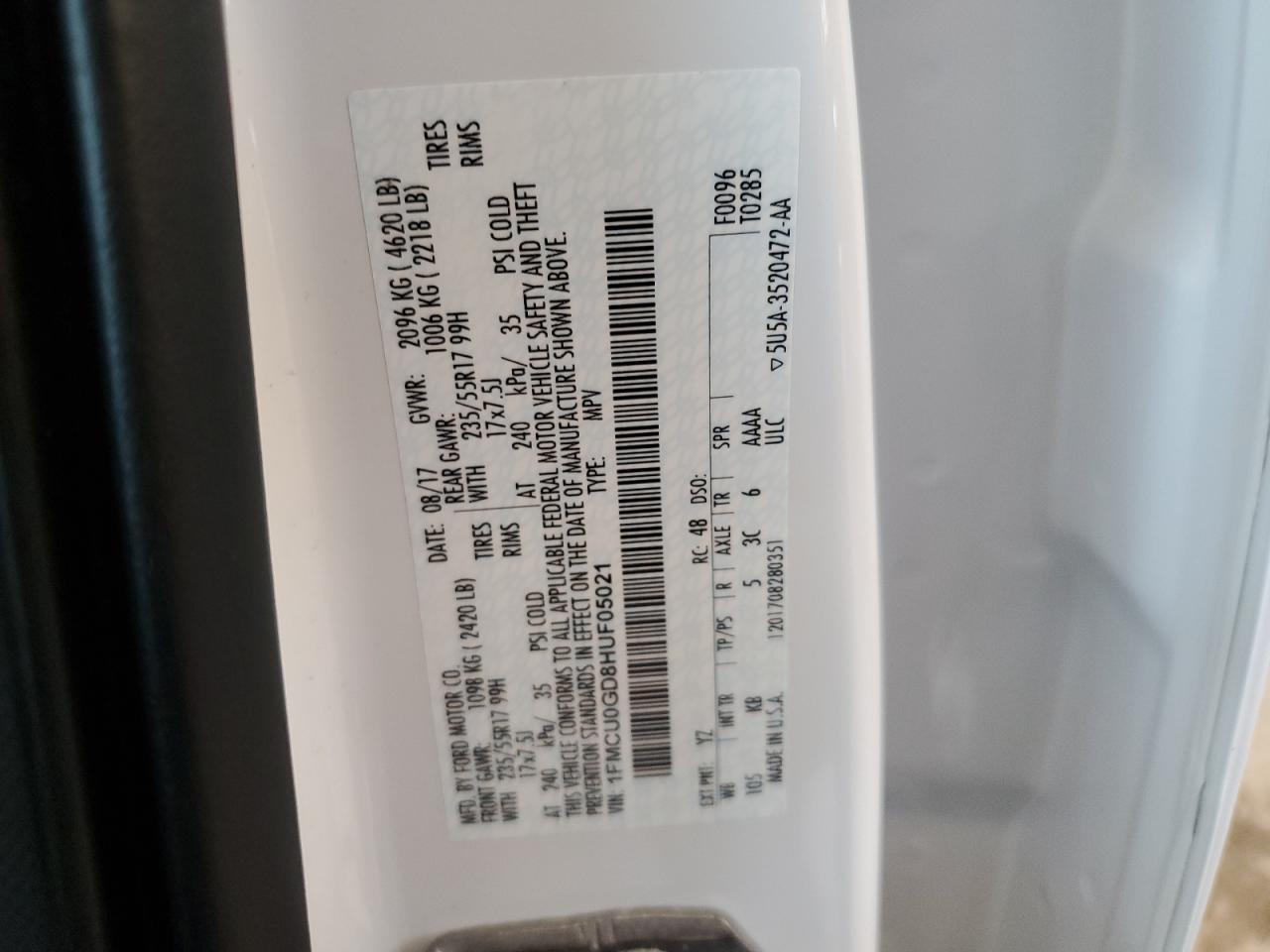 2017 Ford Escape Se VIN: 1FMCU0GD8HUF05021 Lot: 84819555