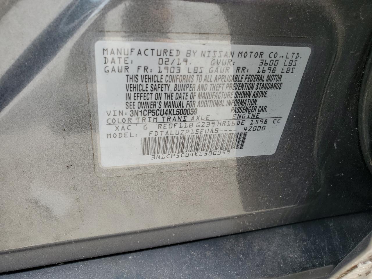 2019 Nissan Kicks S VIN: 3N1CP5CU4KL500059 Lot: 82331315