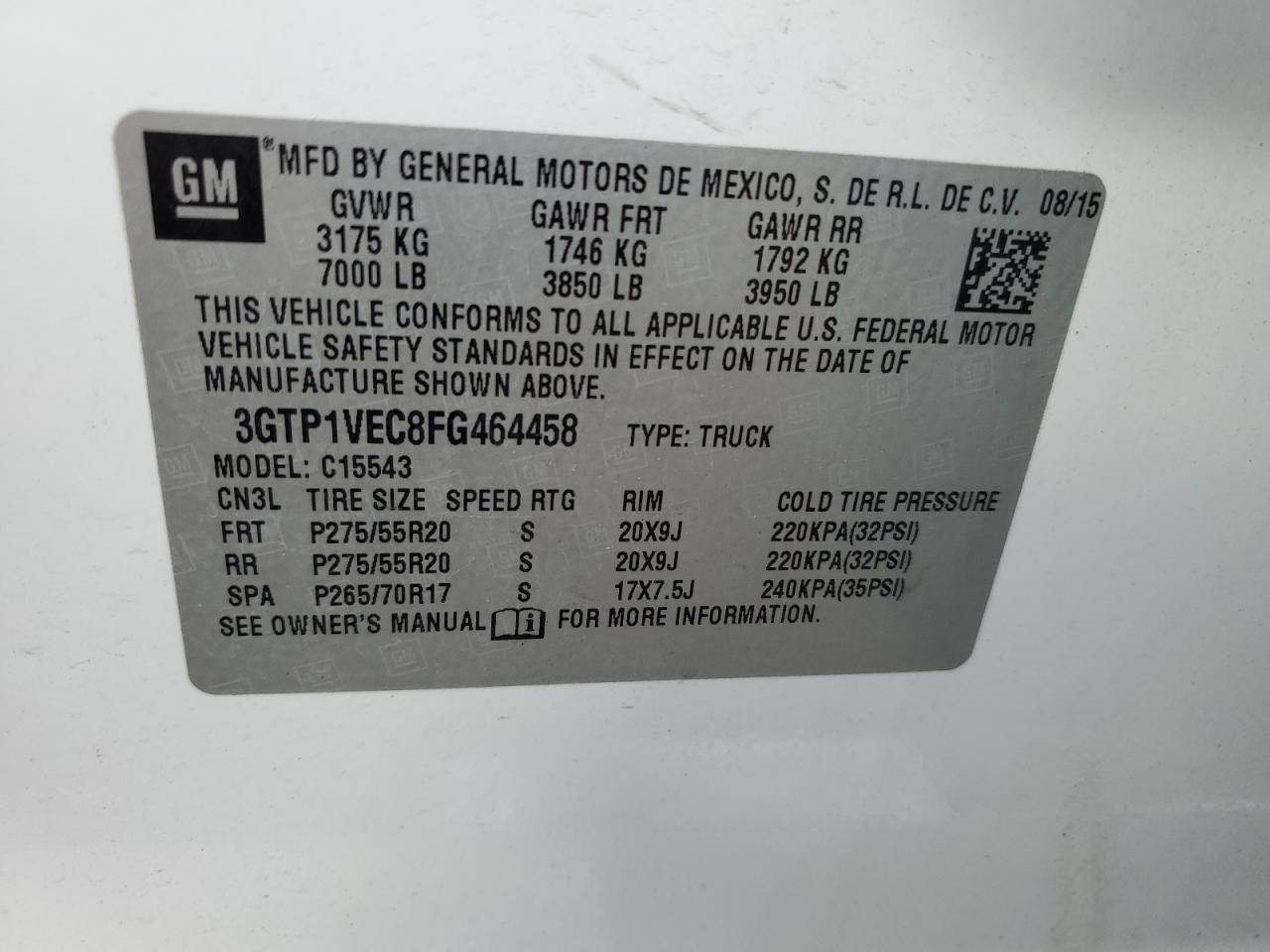 2015 GMC Sierra C1500 Slt VIN: 3GTP1VEC8FG464458 Lot: 89565685