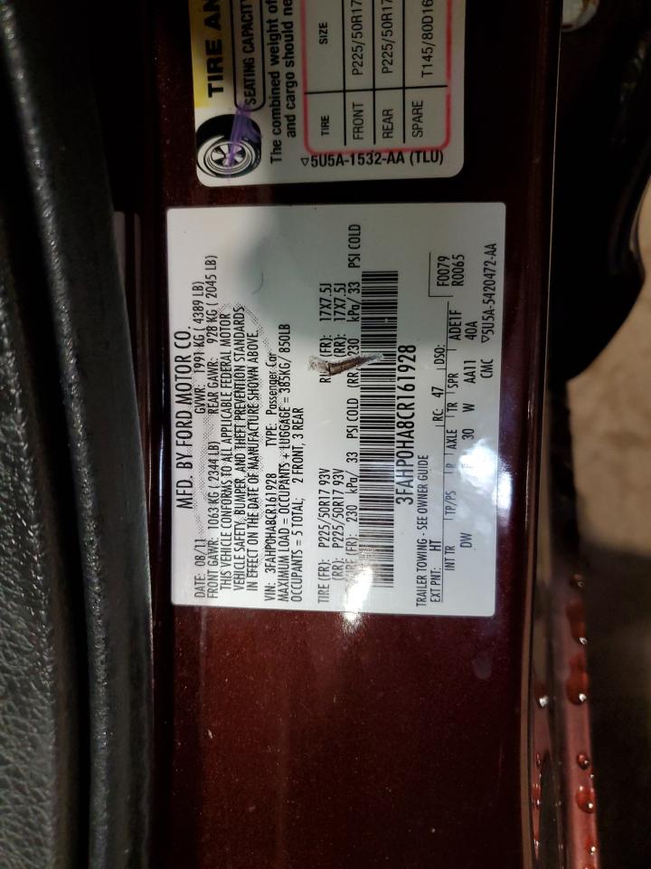 2012 Ford Fusion Se VIN: 3FAHP0HA8CR161928 Lot: 86105475