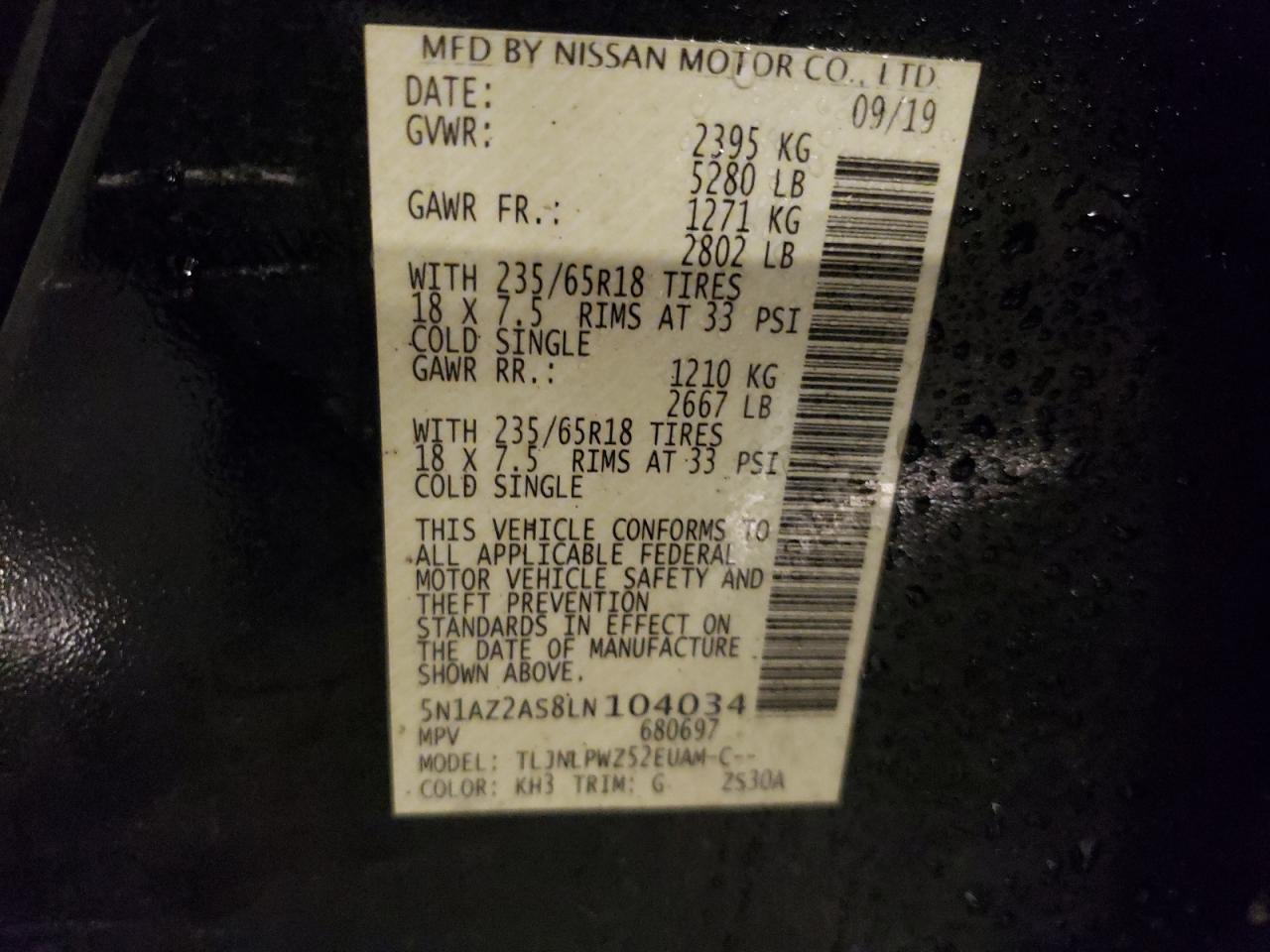 2020 Nissan Murano S VIN: 5N1AZ2AS8LN104034 Lot: 82261555