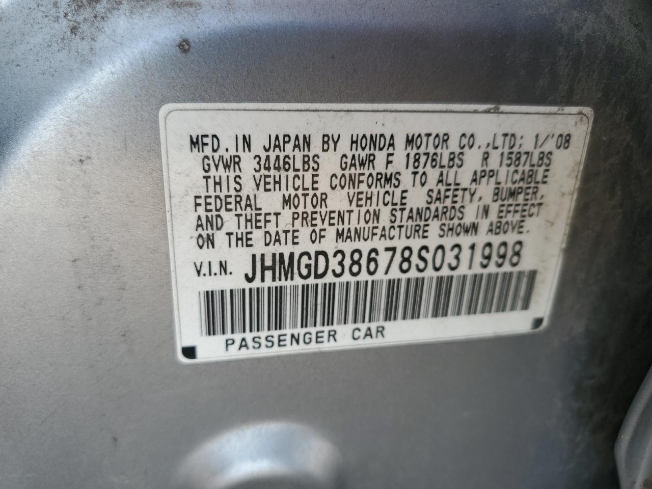 2008 Honda Fit Sport VIN: JHMGD38678S031998 Lot: 83779665