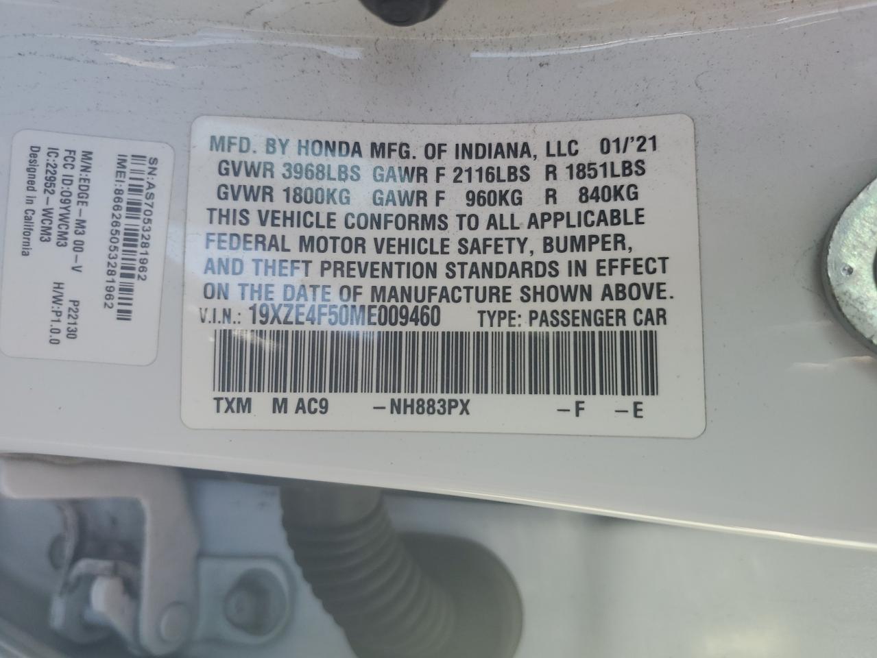 2021 Honda Insight Ex VIN: 19XZE4F50ME009460 Lot: 89483395