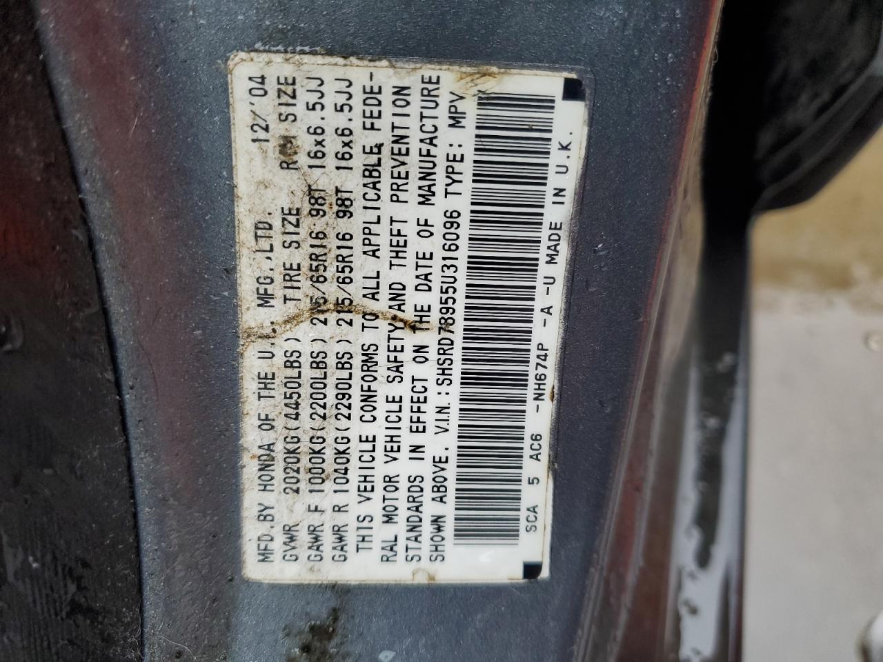 2005 Honda Cr-V Se VIN: SHSRD78955U316096 Lot: 90355685