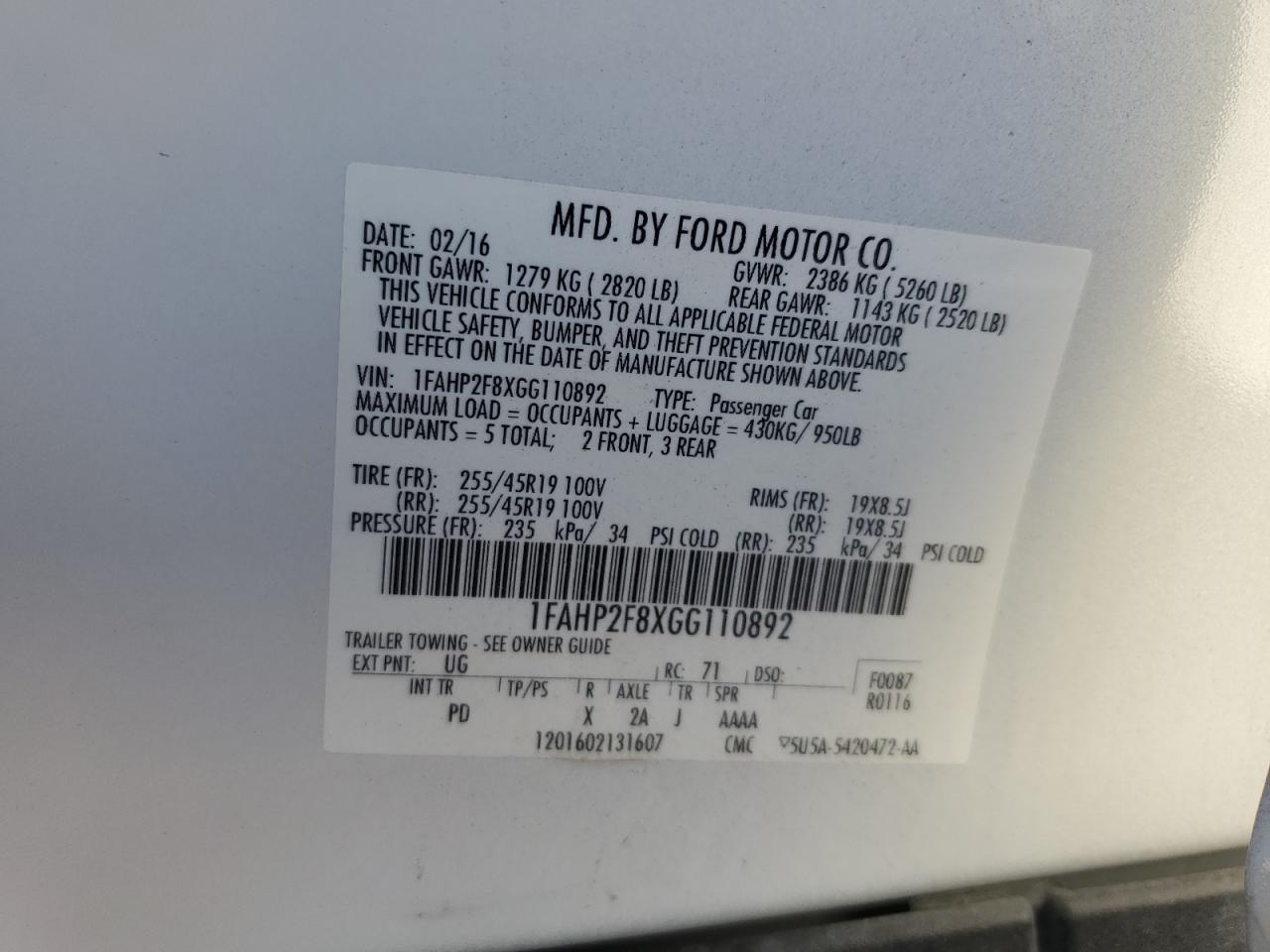 2016 Ford Taurus Limited VIN: 1FAHP2F8XGG110892 Lot: 82185395