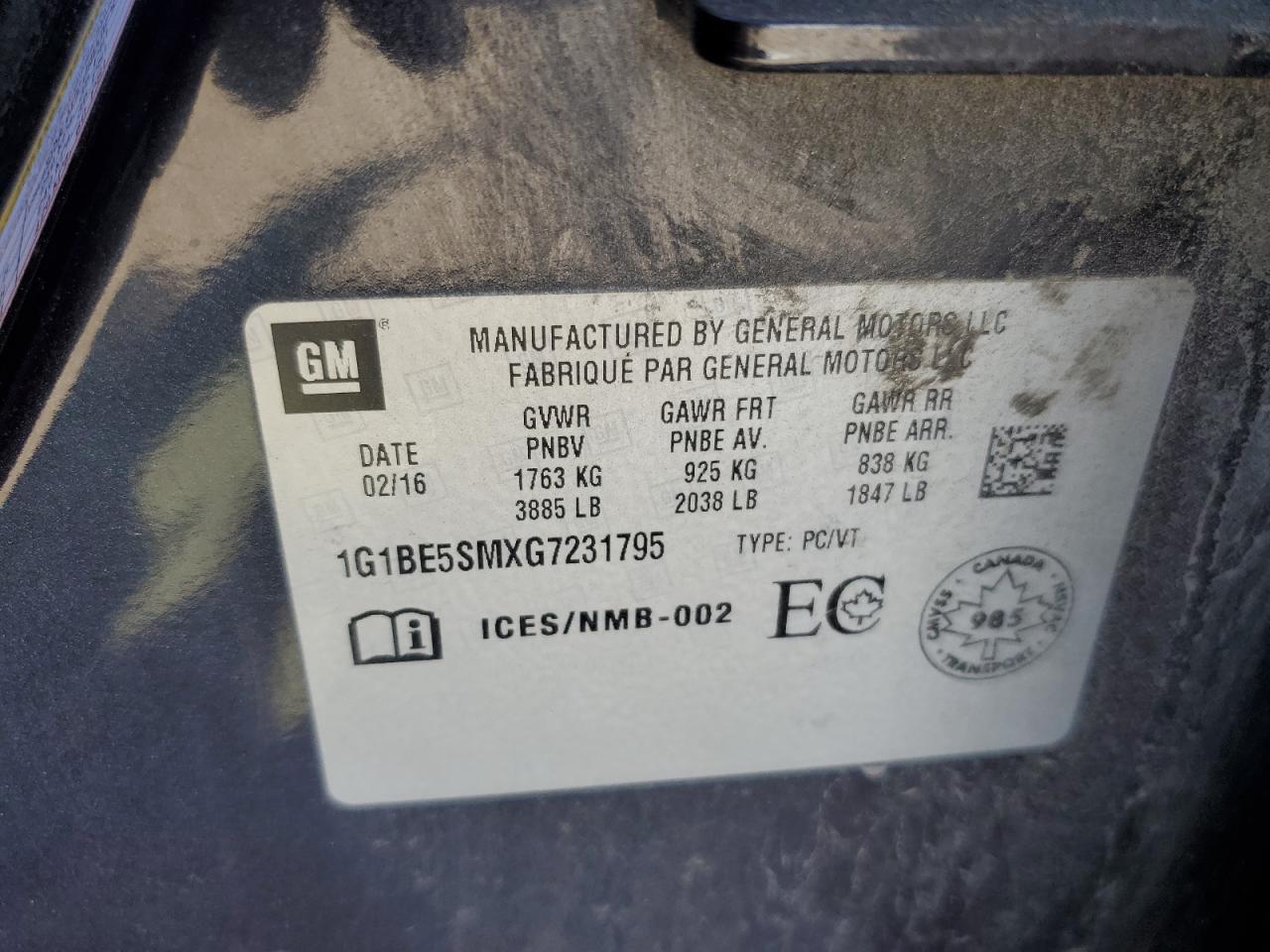 2016 Chevrolet Cruze Lt VIN: 1G1BE5SMXG7231795 Lot: 84730185