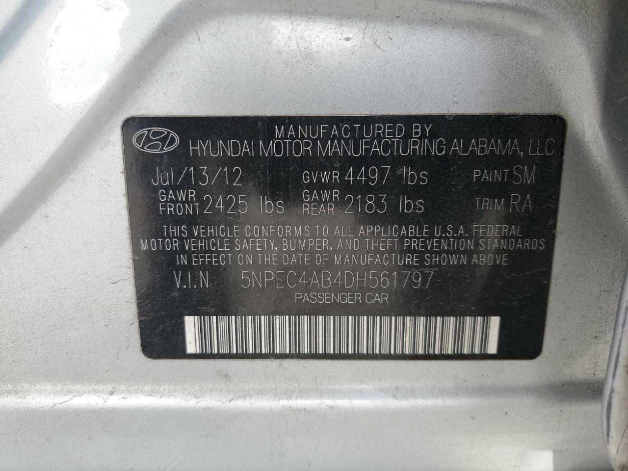 2013 Hyundai Sonata Se VIN: 5NPEC4AB4DH561797 Lot: 81836885