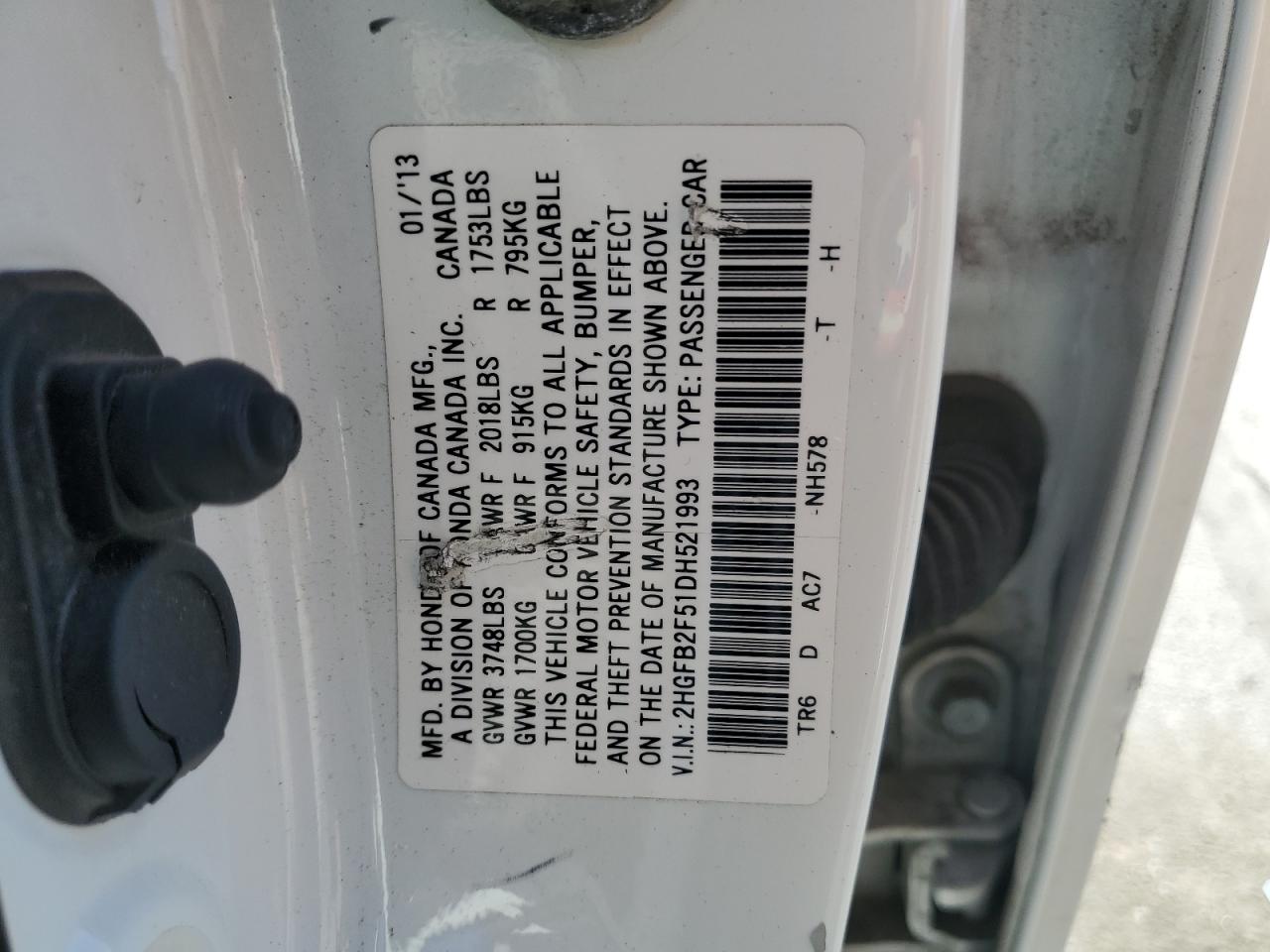 2013 Honda Civic Lx VIN: 2HGFB2F51DH521993 Lot: 82316875