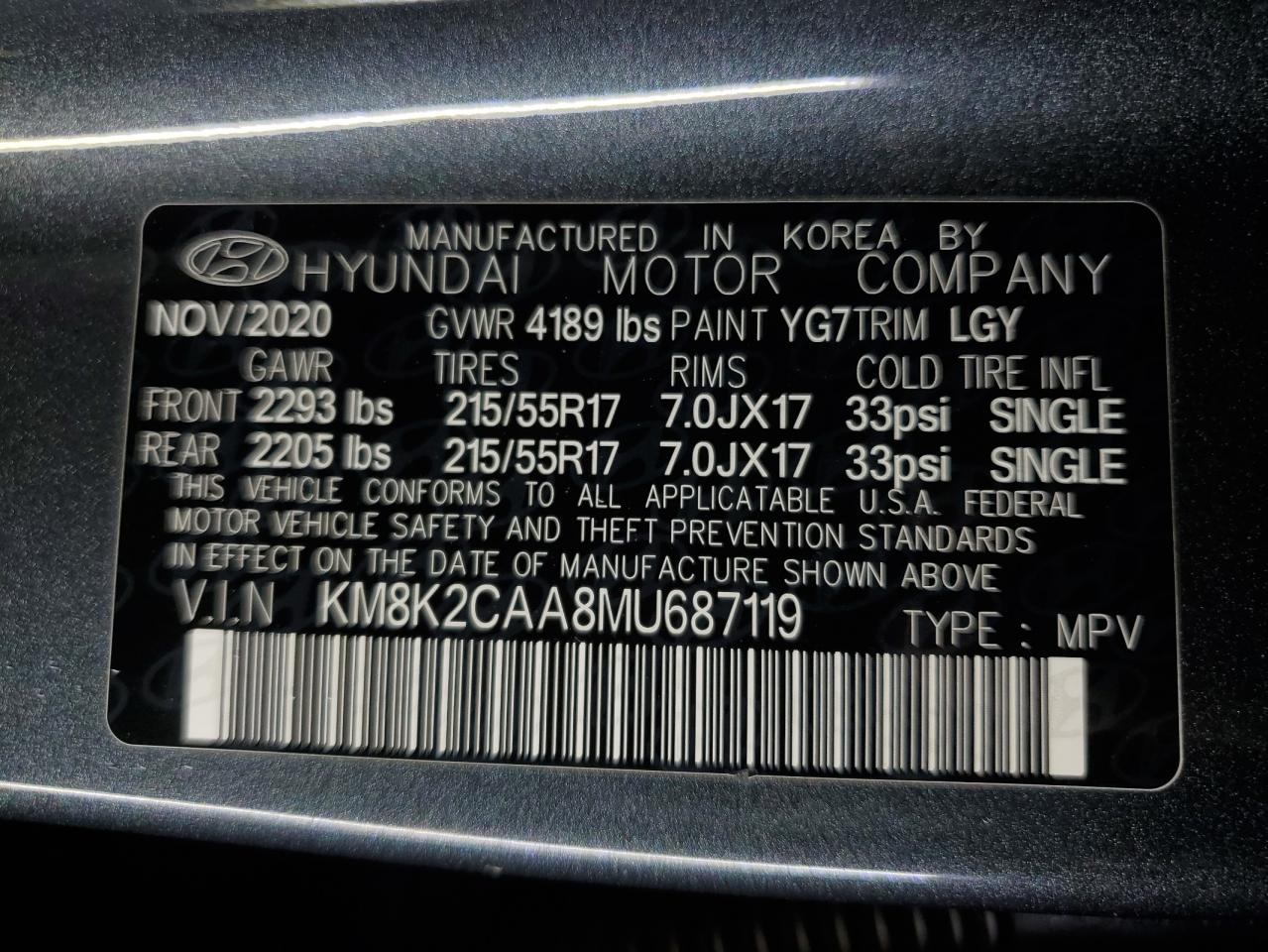 2021 Hyundai Kona Sel VIN: KM8K2CAA8MU687119 Lot: 90585255