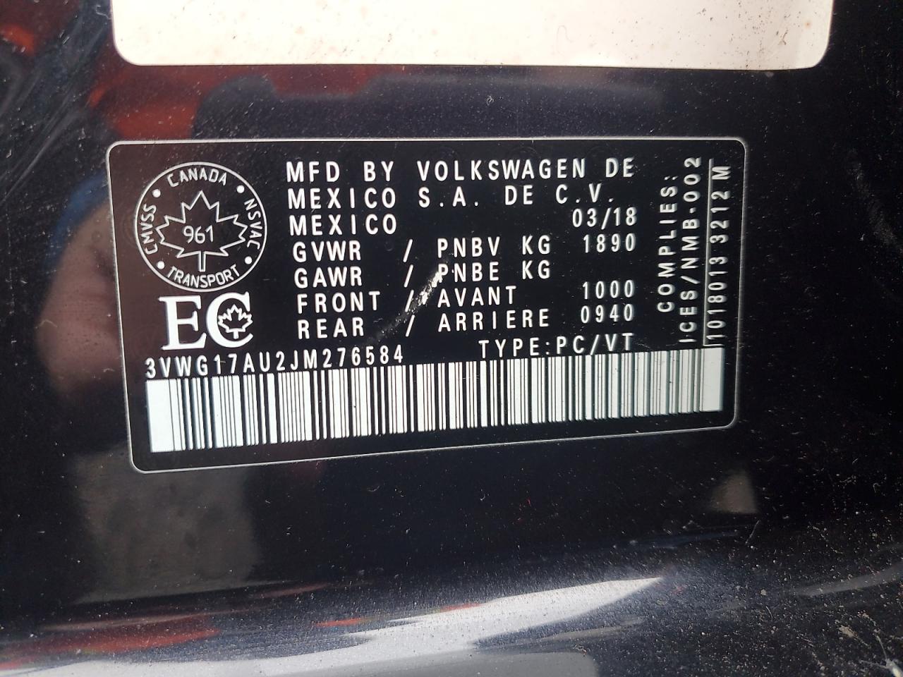 2018 Volkswagen Golf S VIN: 3VWG17AU2JM276584 Lot: 82638735