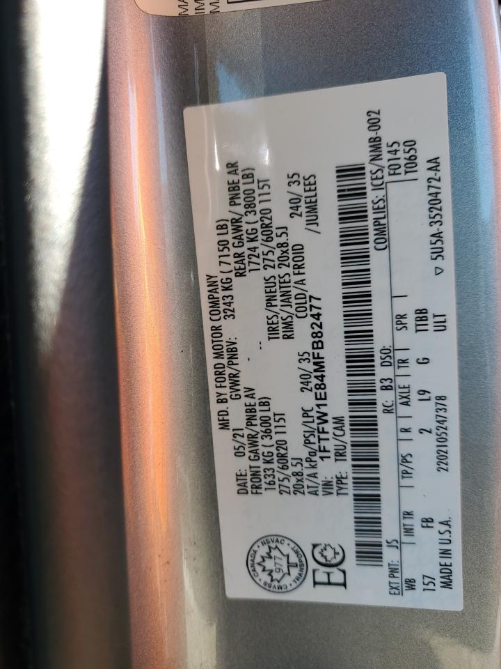 2021 Ford F150 Supercrew VIN: 1FTFW1E84MFB82477 Lot: 82197245