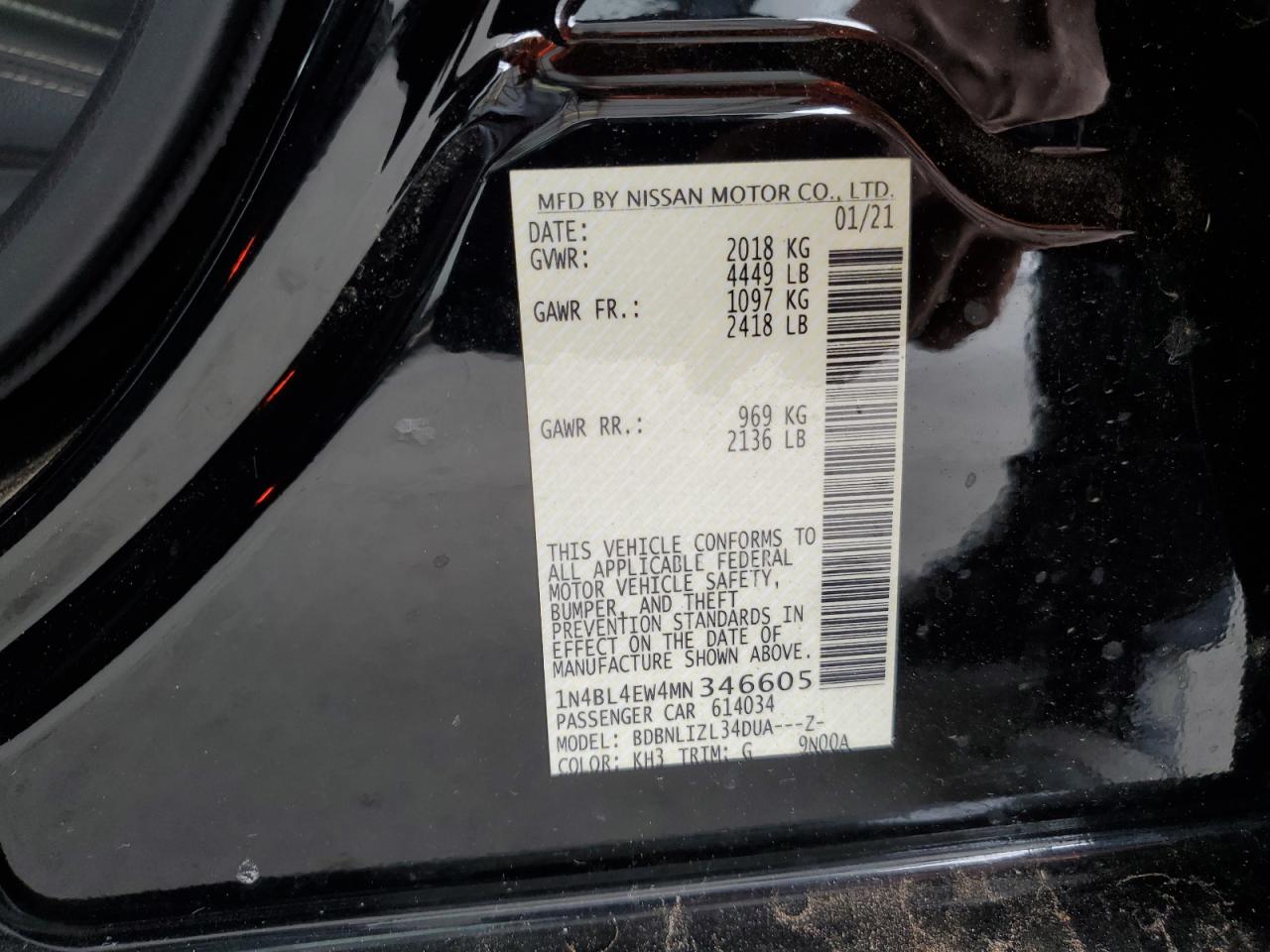 2021 Nissan Altima Sl VIN: 1N4BL4EW4MN346605 Lot: 85526595