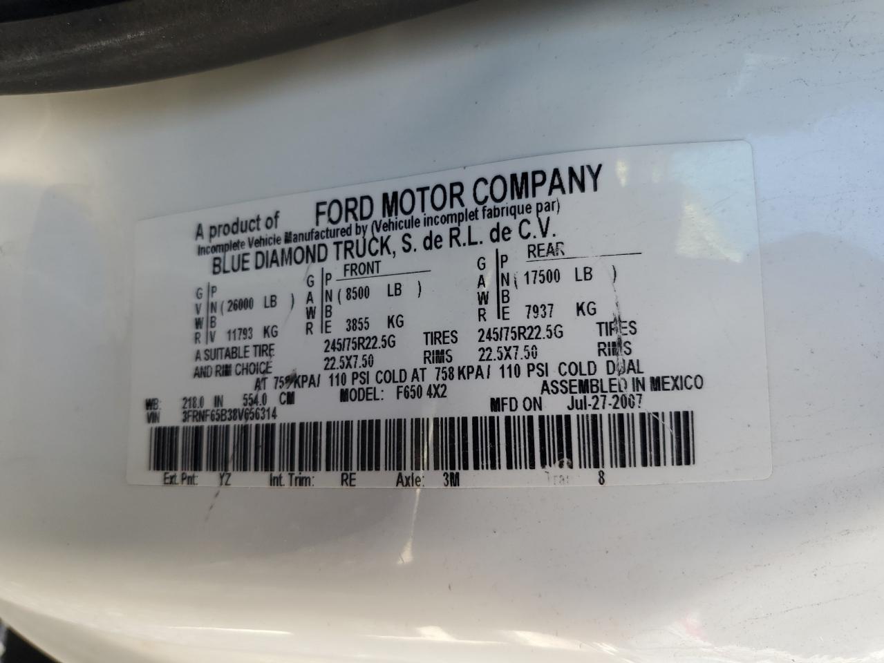 2008 Ford F650 Super Duty VIN: 3FRNF65B38V656314 Lot: 85313755