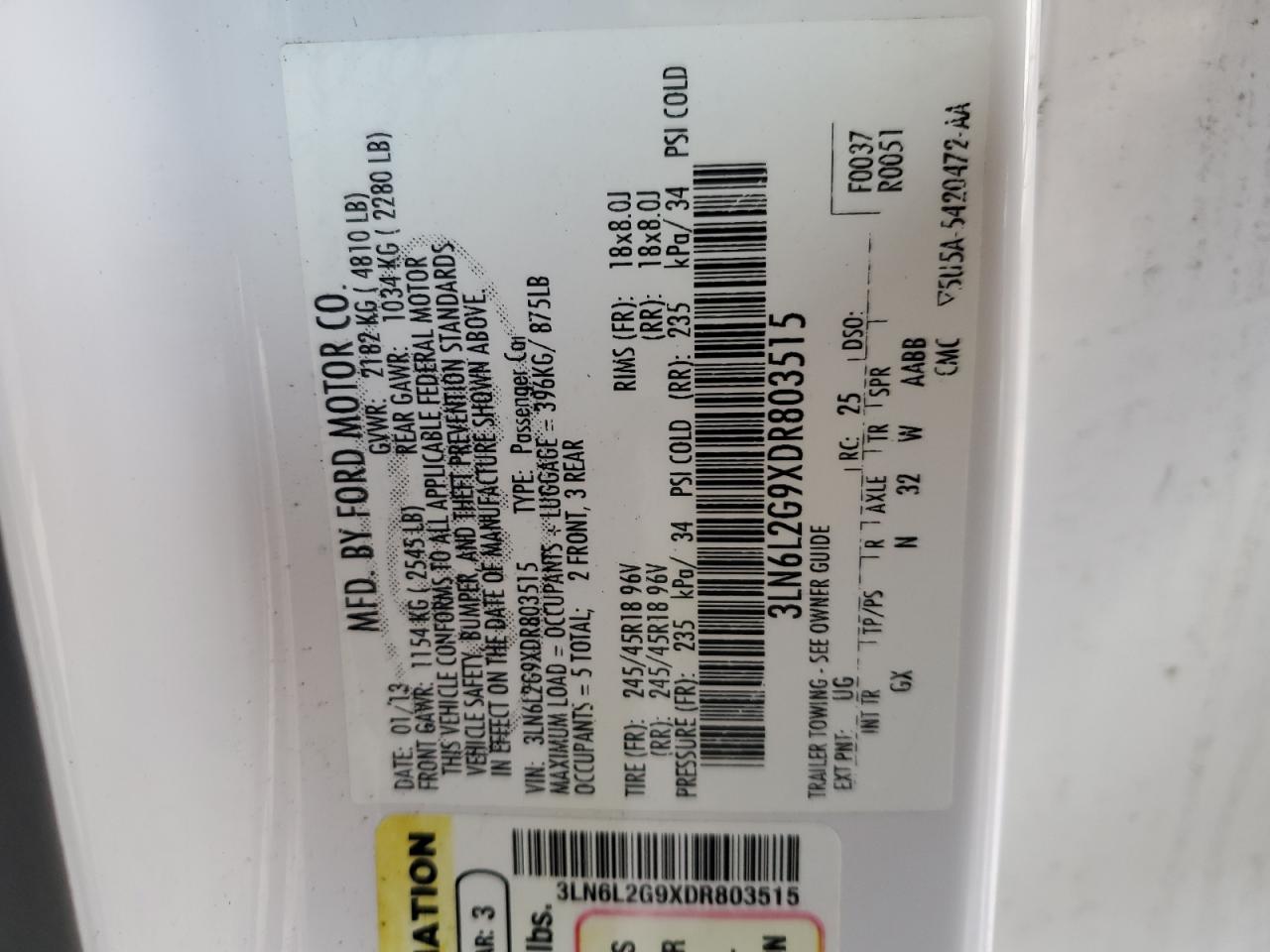 2013 Lincoln Mkz VIN: 3LN6L2G9XDR803515 Lot: 81785755