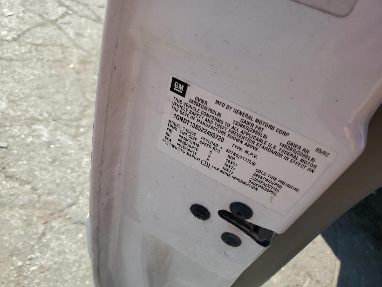 2002 Chevrolet Trailblazer VIN: 1GNDT13S522493720 Lot: 85363675