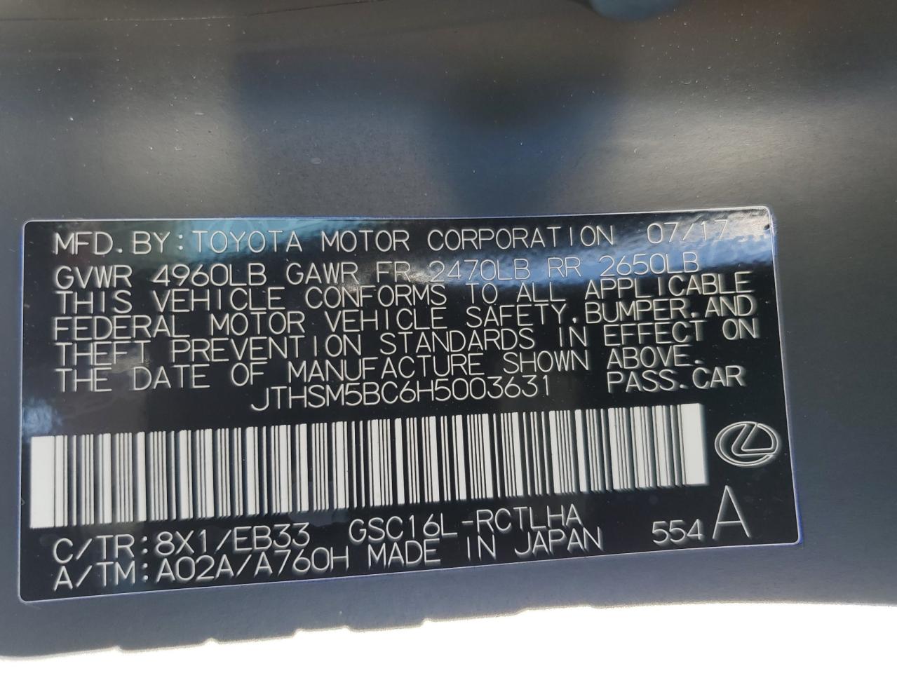 2017 Lexus Rc 300 VIN: JTHSM5BC6H5003631 Lot: 85380895