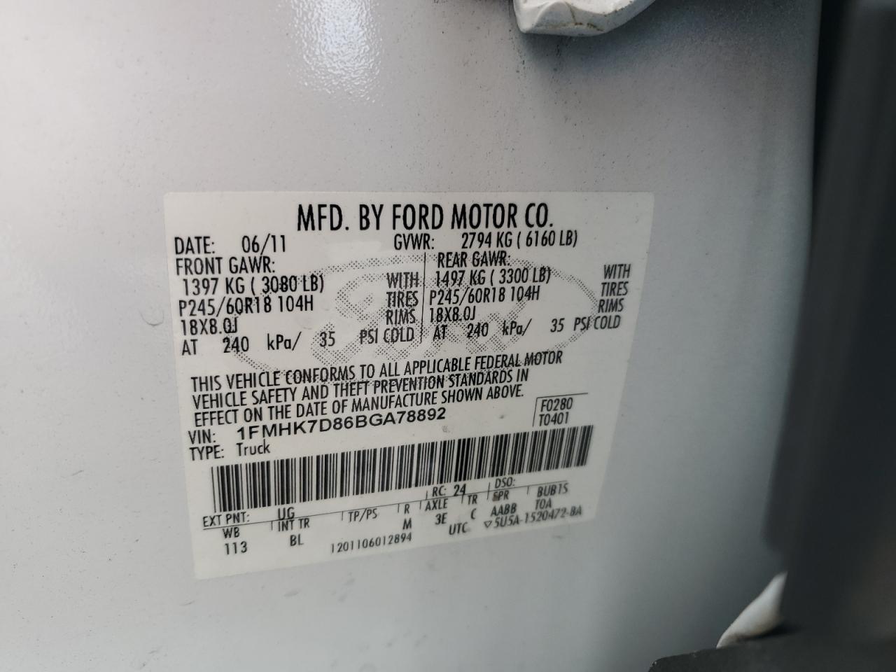 2011 Ford Explorer Xlt VIN: 1FMHK7D86BGA78892 Lot: 84968185