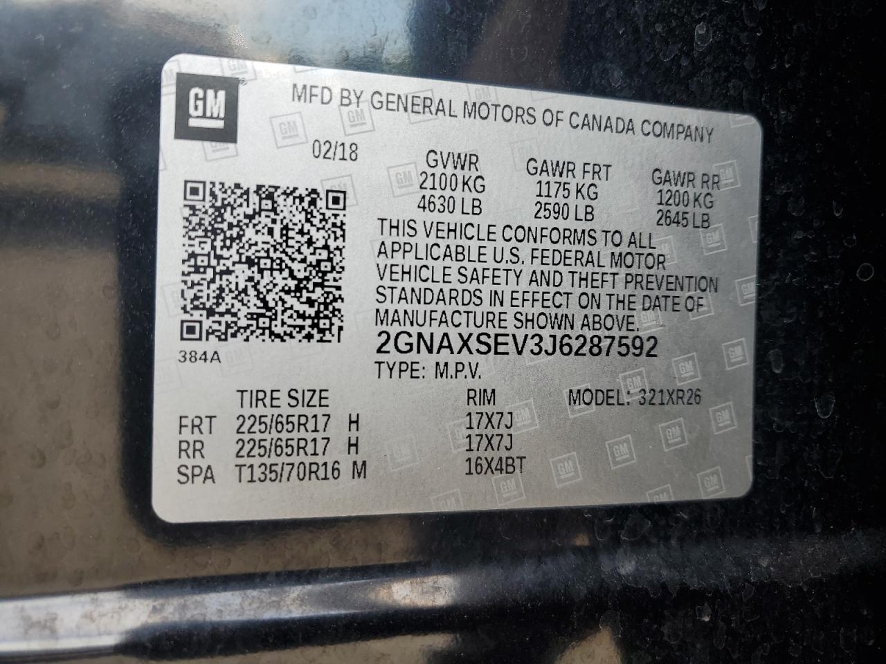 2018 Chevrolet Equinox Lt VIN: 2GNAXSEV3J6287592 Lot: 82294905