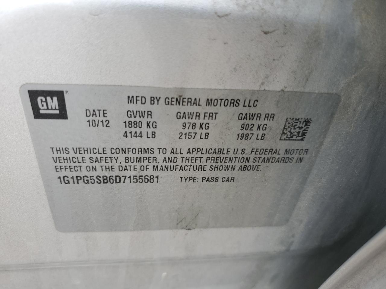 2013 Chevrolet Cruze Ltz VIN: 1G1PG5SB6D7155681 Lot: 82500485
