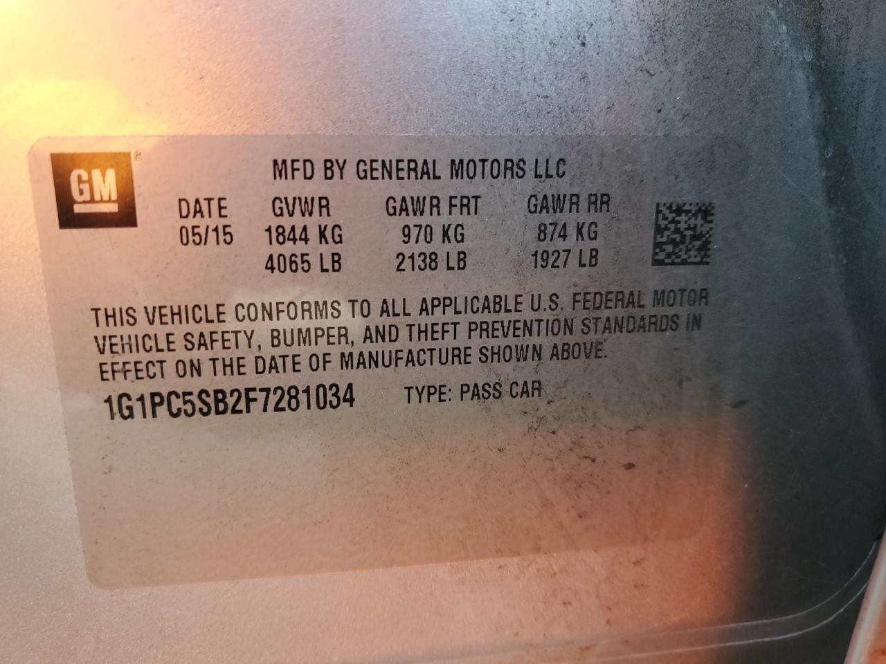 2015 Chevrolet Cruze Lt VIN: 1G1PC5SB2F7281034 Lot: 82231515