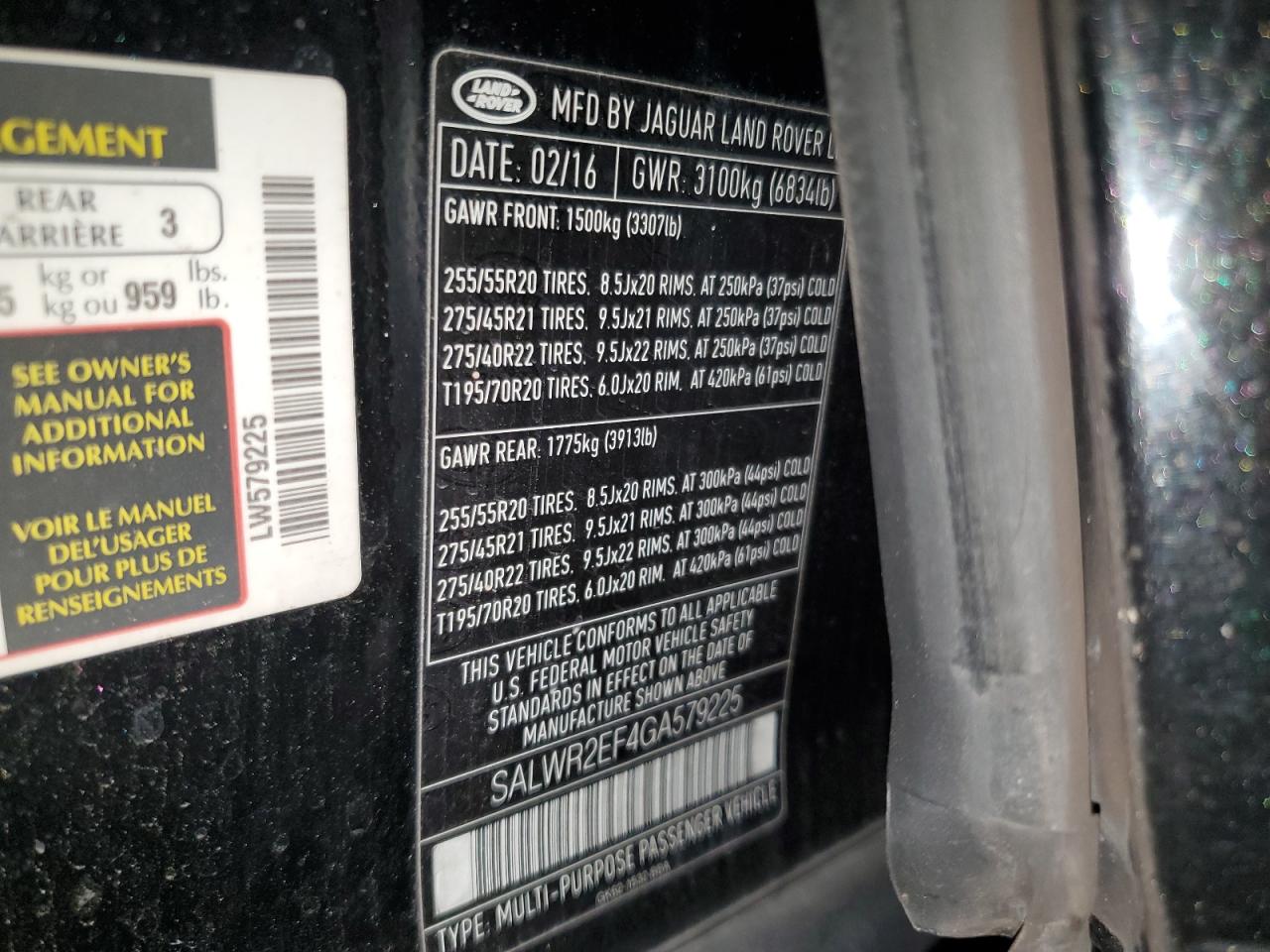 2016 Land Rover Range Rover Sport Sc VIN: SALWR2EF4GA579225 Lot: 86150385