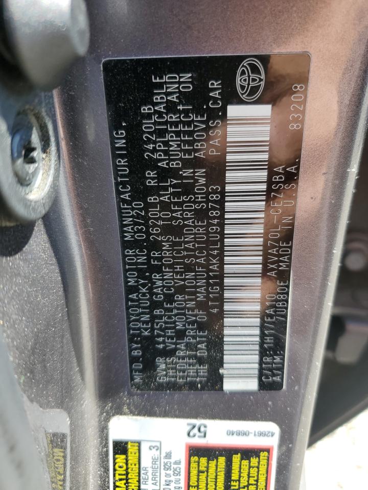 2020 Toyota Camry Se VIN: 4T1G11AK4LU948783 Lot: 81863405