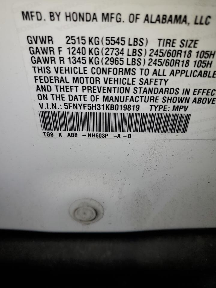 2019 Honda Pilot Ex VIN: 5FNYF5H31KB019819 Lot: 85011715