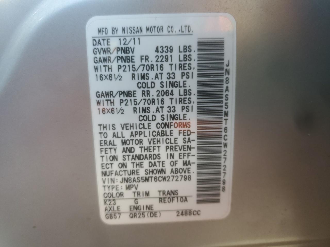 2012 Nissan Rogue S VIN: JN8AS5MT6CW272798 Lot: 86552845