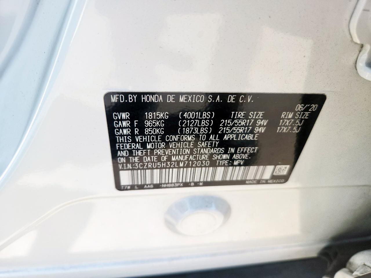 2020 Honda Hr-V Lx VIN: 3CZRU5H32LM712030 Lot: 84761405