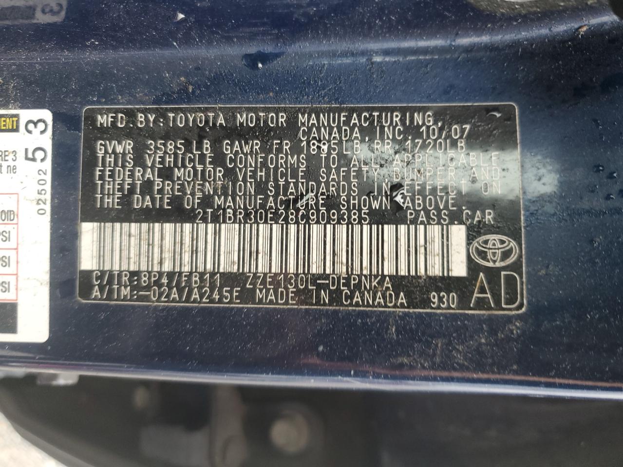 2008 Toyota Corolla Ce VIN: 2T1BR30E28C909385 Lot: 85881515