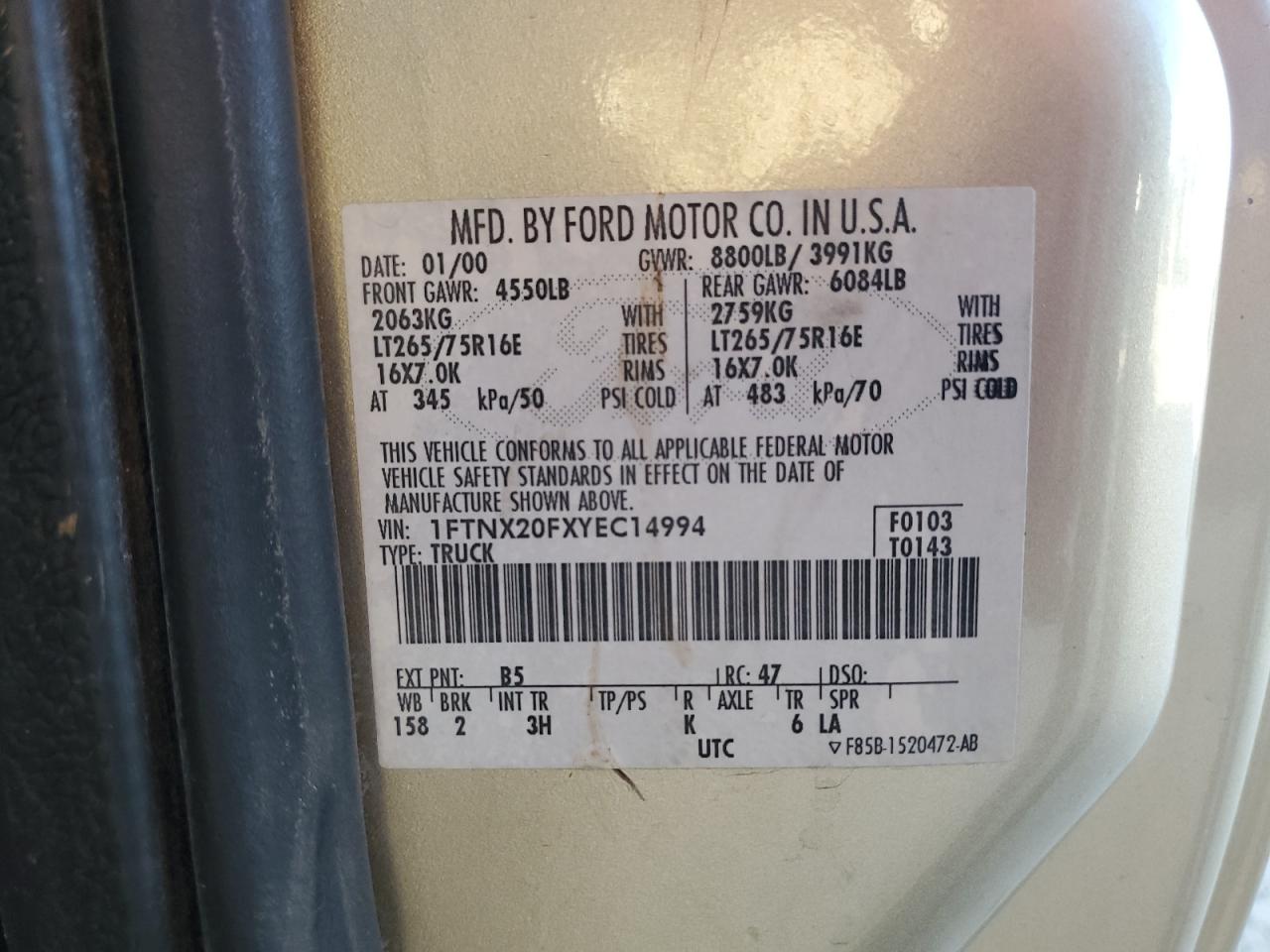 2000 Ford F250 Super Duty VIN: 1FTNX20FXYEC14994 Lot: 84796375