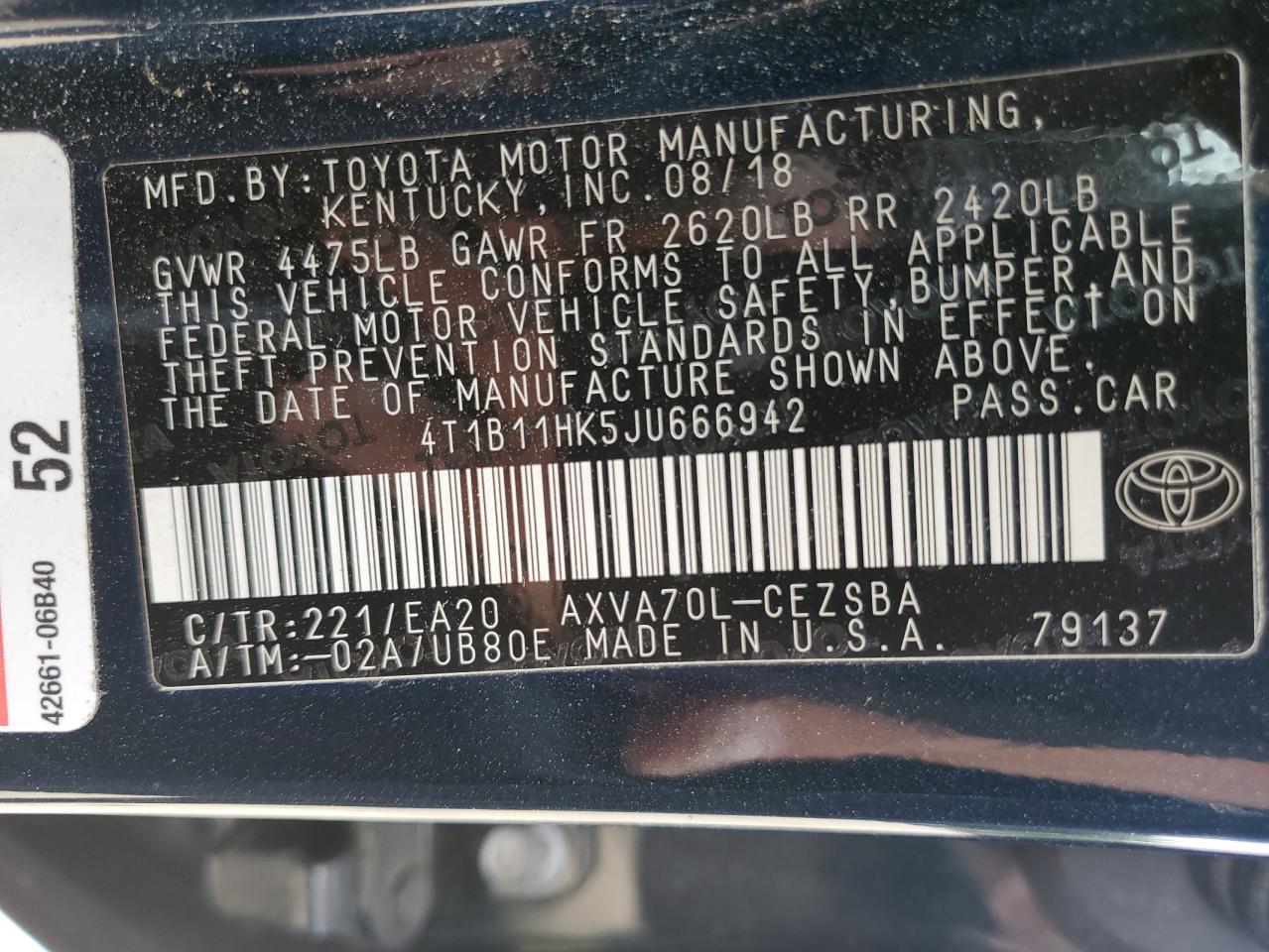 2018 Toyota Camry L VIN: 4T1B11HK5JU666942 Lot: 82438735