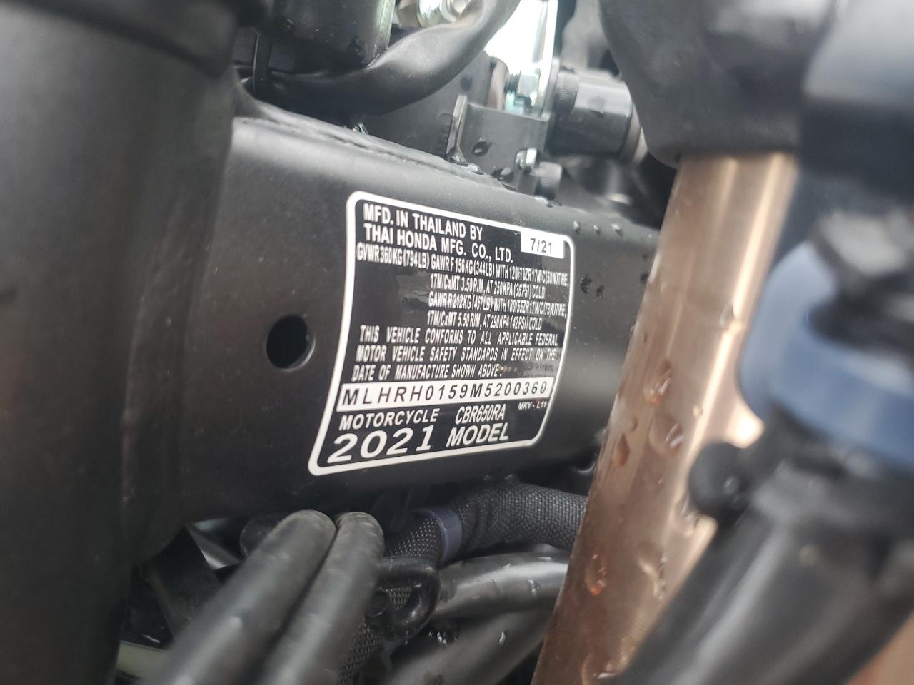 2021 Honda Cbr650 Ra VIN: MLHRH0159M5200360 Lot: 85390105