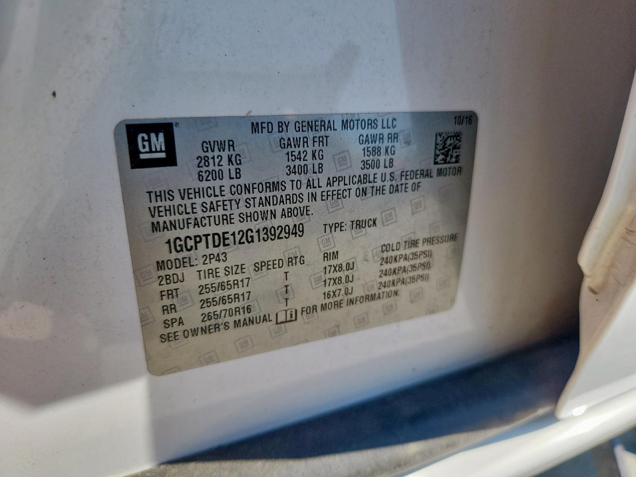 2016 Chevrolet Colorado Z71 VIN: 1GCPTDE12G1392949 Lot: 85914735