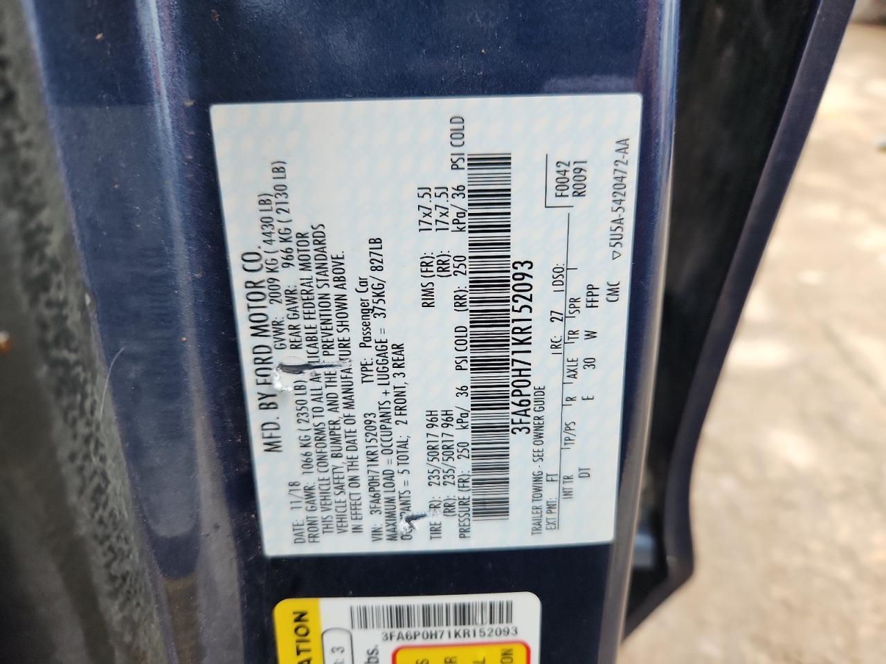 2019 Ford Fusion Se VIN: 3FA6P0H71KR152093 Lot: 89849435