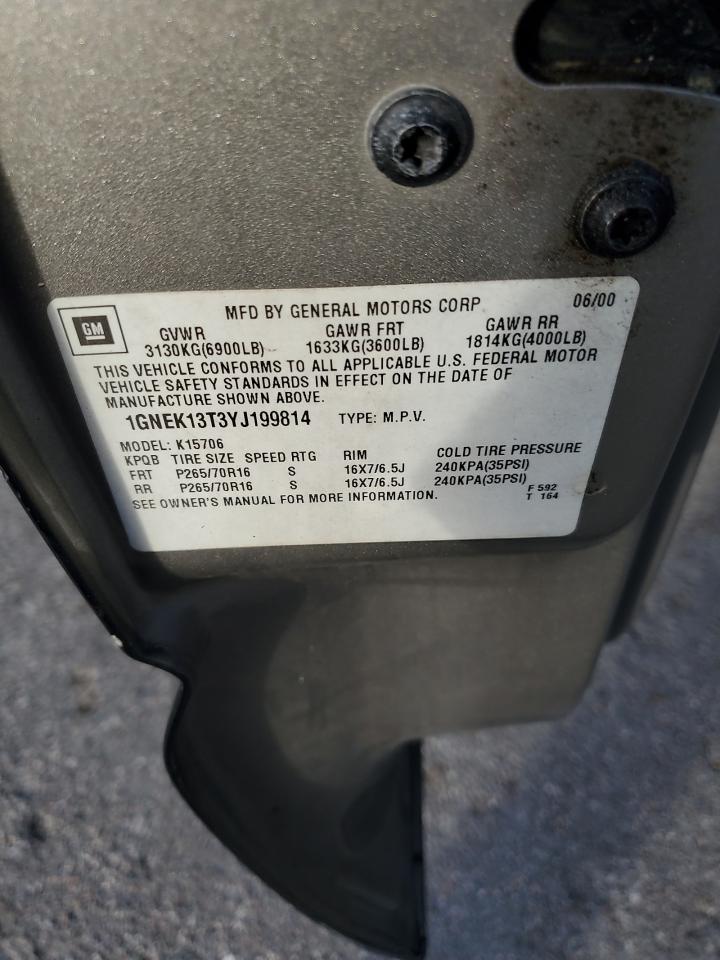 2000 Chevrolet Tahoe K1500 VIN: 1GNEK13T3YJ199814 Lot: 90408545