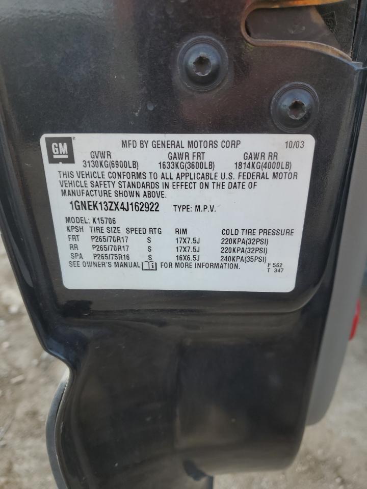 2004 Chevrolet Tahoe K1500 VIN: 1GNEK13ZX4J162922 Lot: 85115375