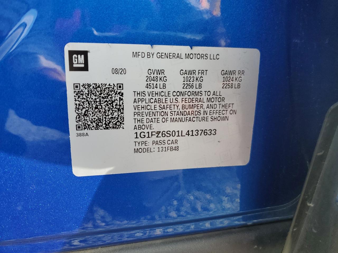 2020 Chevrolet Bolt Ev Premier VIN: 1G1FZ6S01L4137633 Lot: 84986975