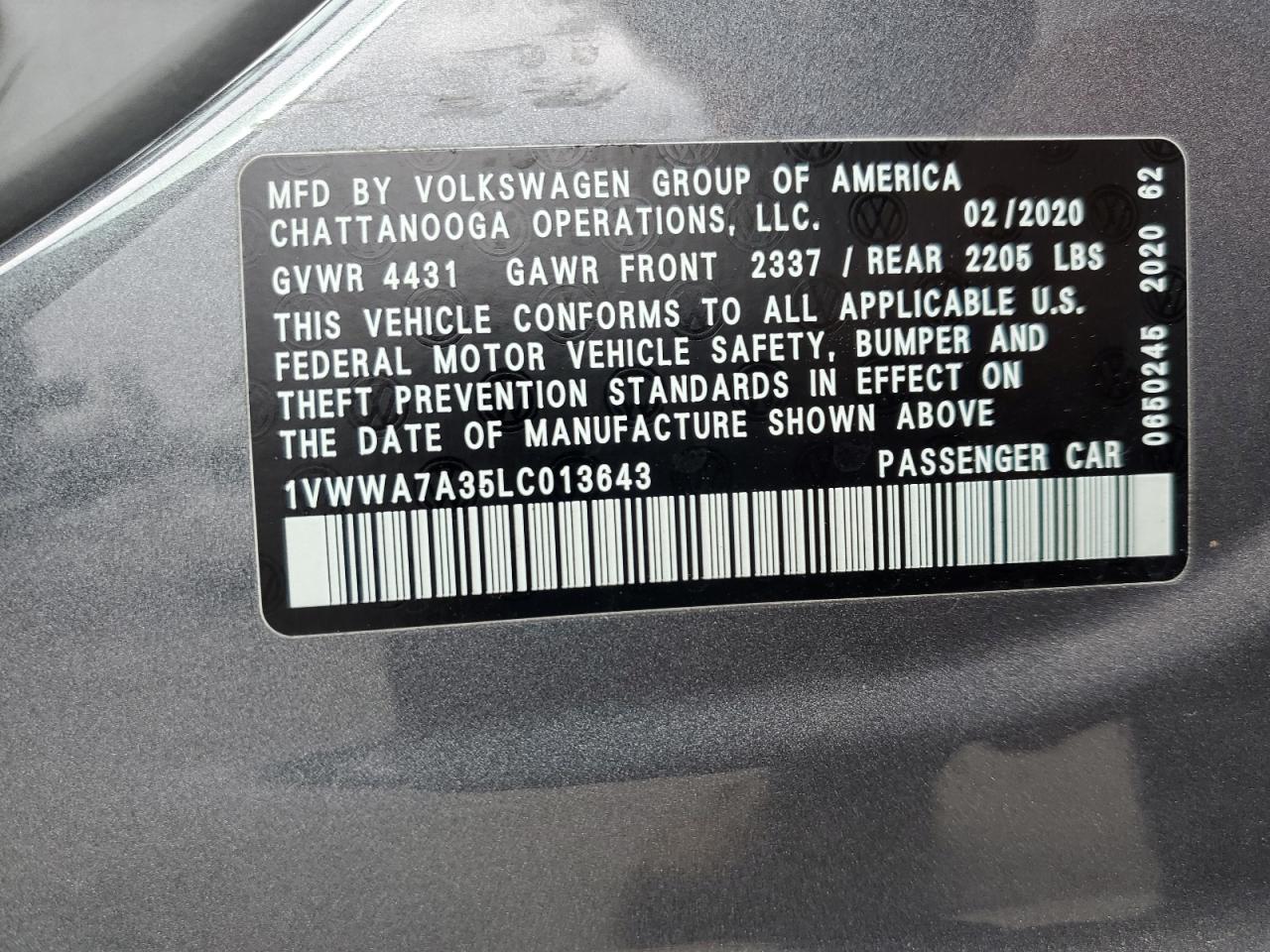 2020 Volkswagen Passat Se VIN: 1VWWA7A35LC013643 Lot: 84744445