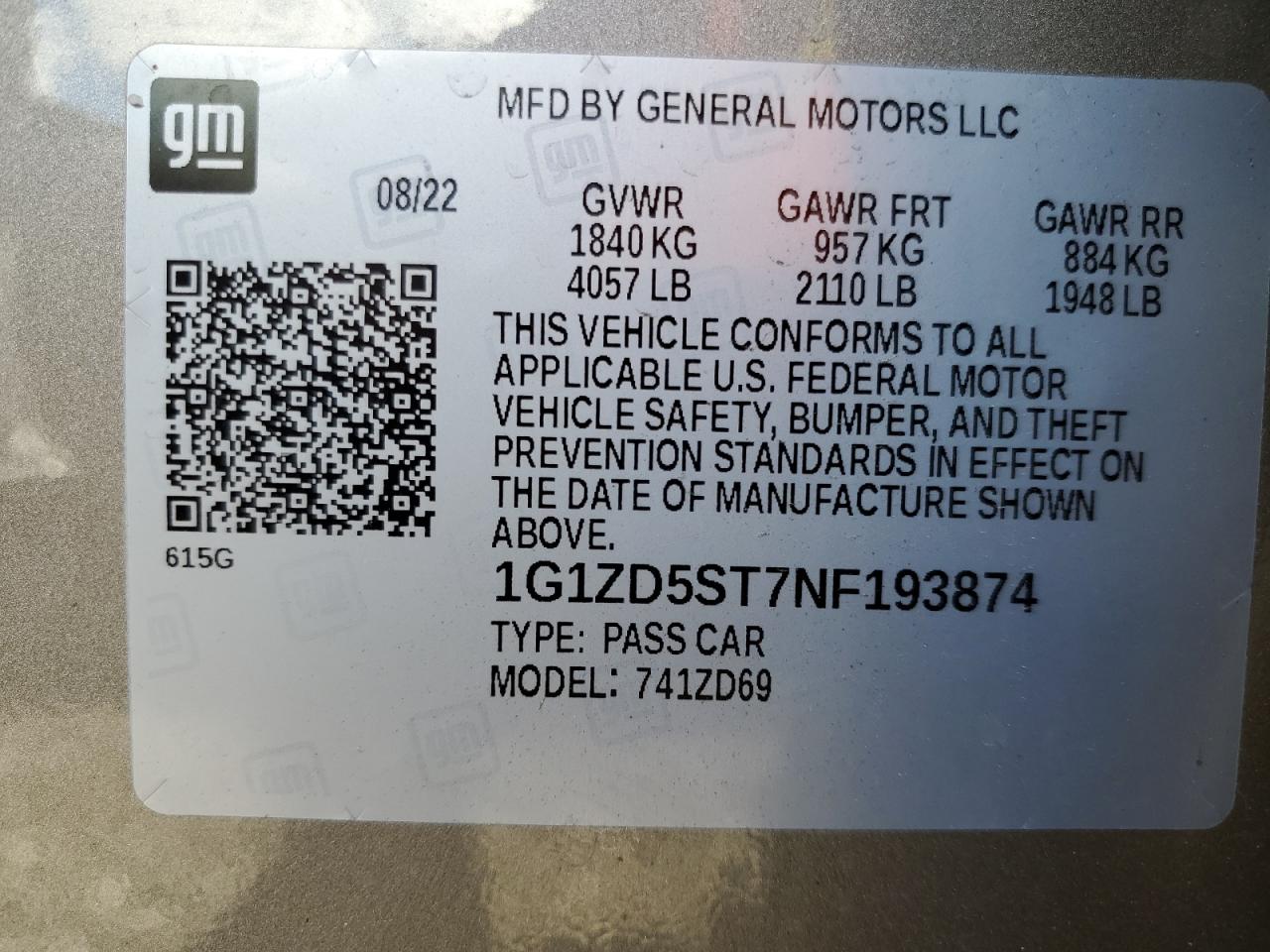 2022 Chevrolet Malibu Lt VIN: 1G1ZD5ST7NF193874 Lot: 85818165