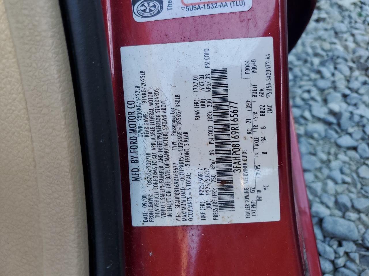 2009 Ford Fusion Sel VIN: 3FAHP08169R165677 Lot: 82524765