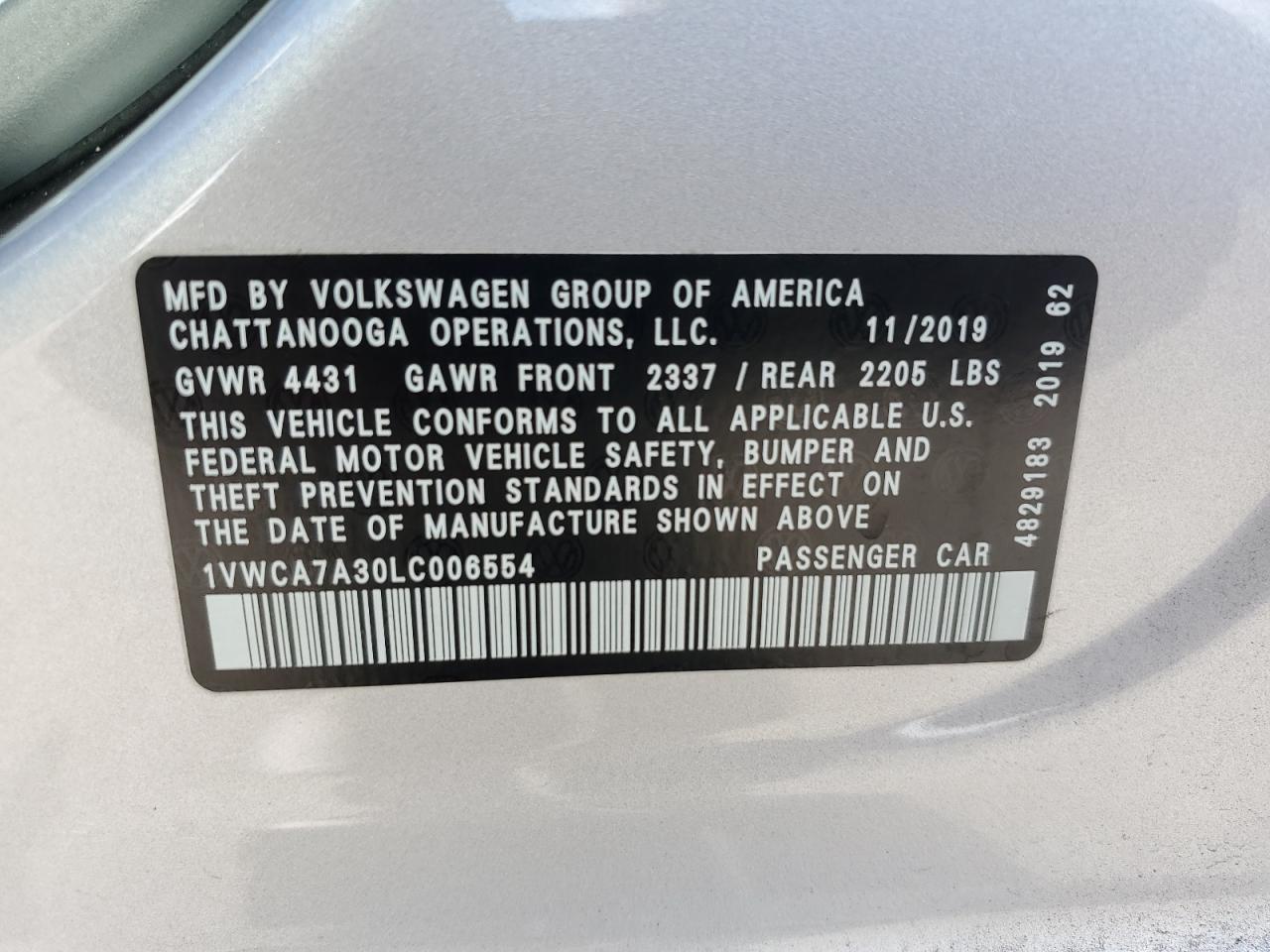 2020 Volkswagen Passat Sel VIN: 1VWCA7A30LC006554 Lot: 86296535