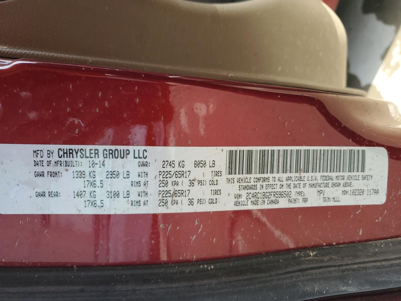 2015 Chrysler Town & Country Touring VIN: 2C4RC1BG2FR596502 Lot: 84761595