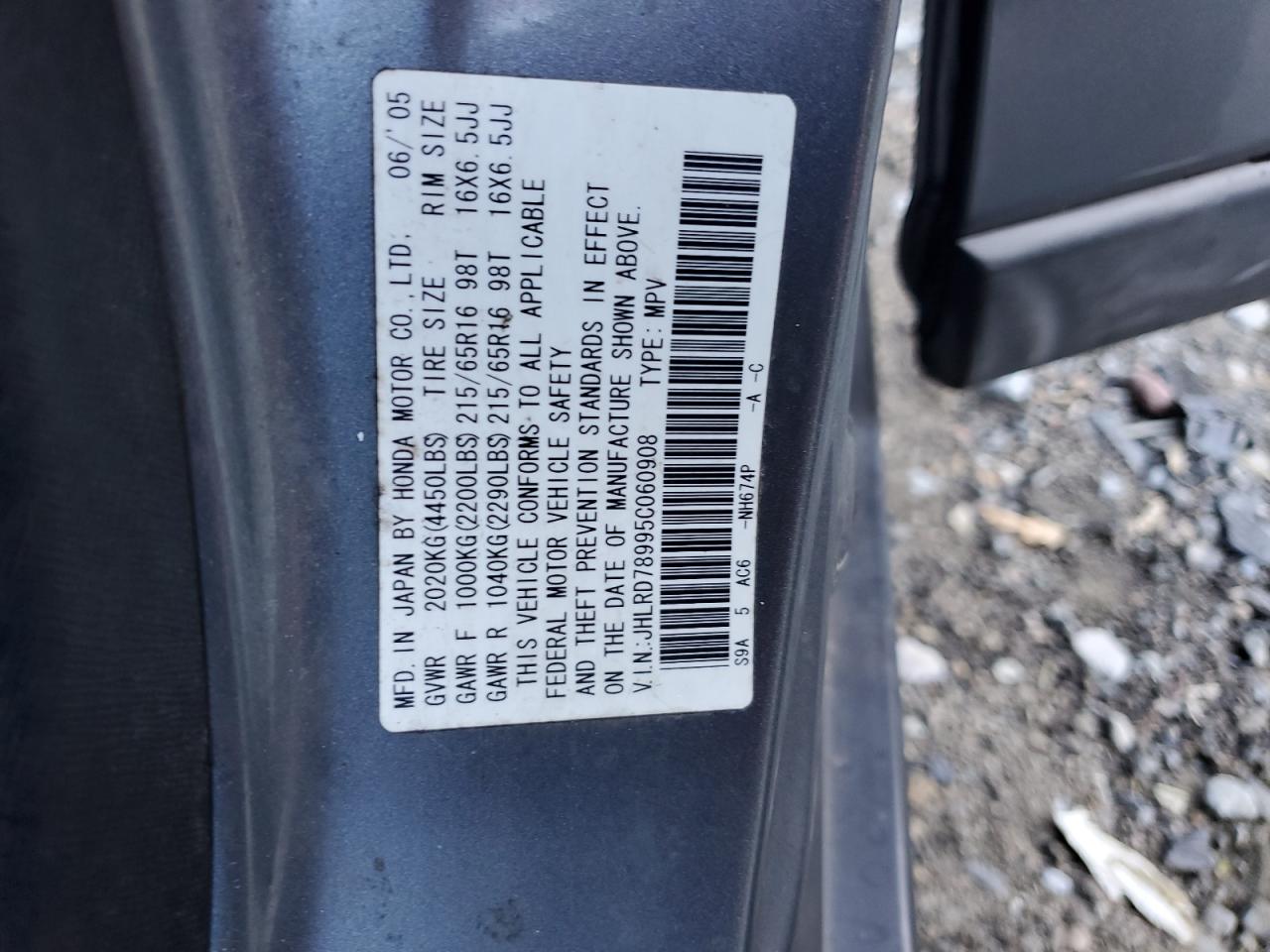 2005 Honda Cr-V Se VIN: JHLRD78995C060908 Lot: 85911935