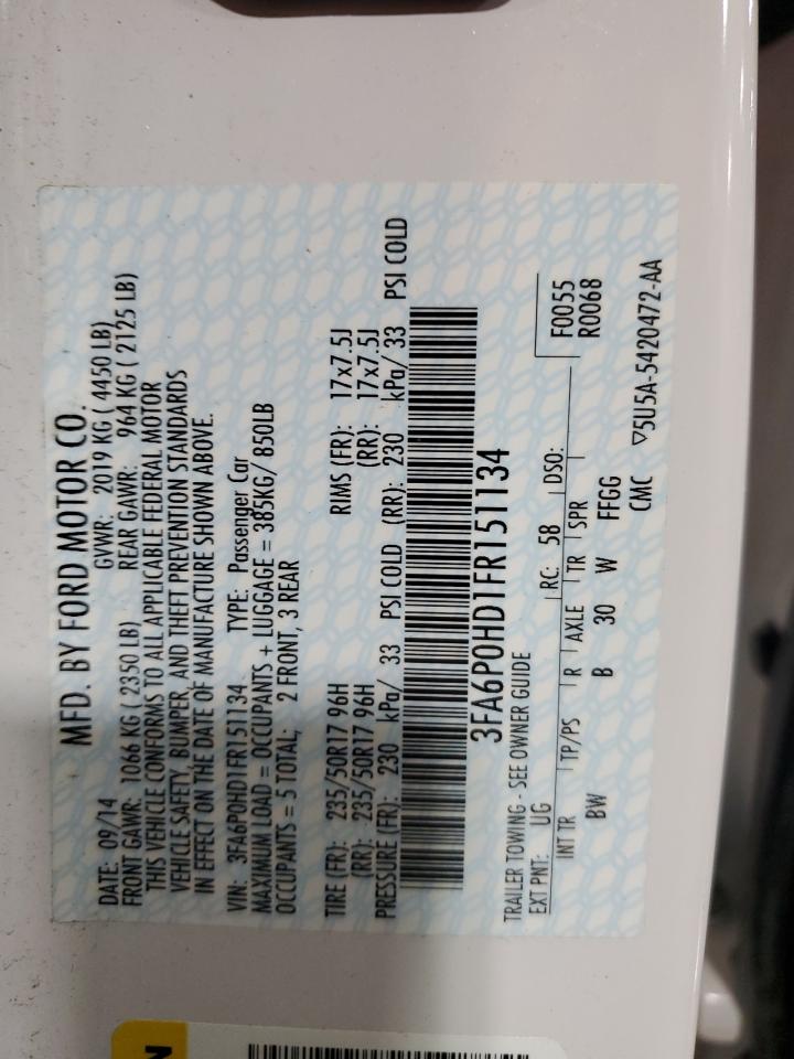 2015 Ford Fusion Se VIN: 3FA6P0HD1FR151134 Lot: 85757965