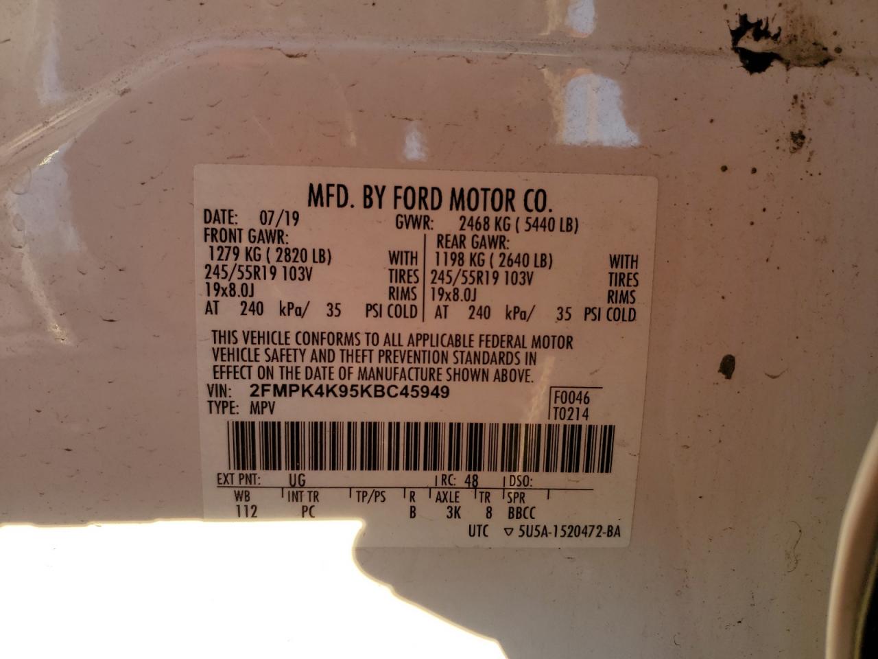 2019 Ford Edge Titanium VIN: 2FMPK4K95KBC45949 Lot: 82713445